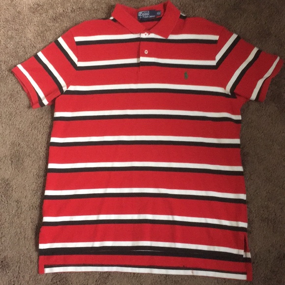 red black and white polo shirt